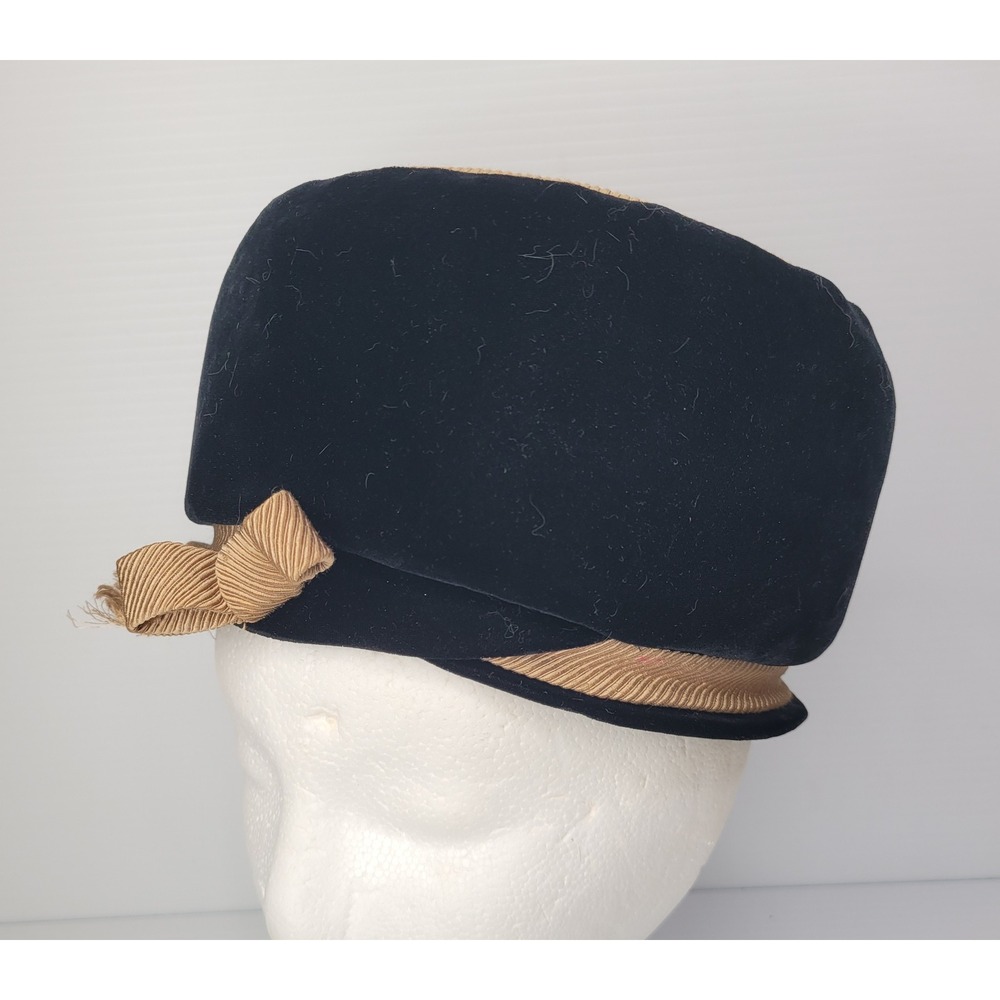 Oleg Cassini Pillbox Hat Womens Black Velvet Gold Grosgrain Bow Vintage